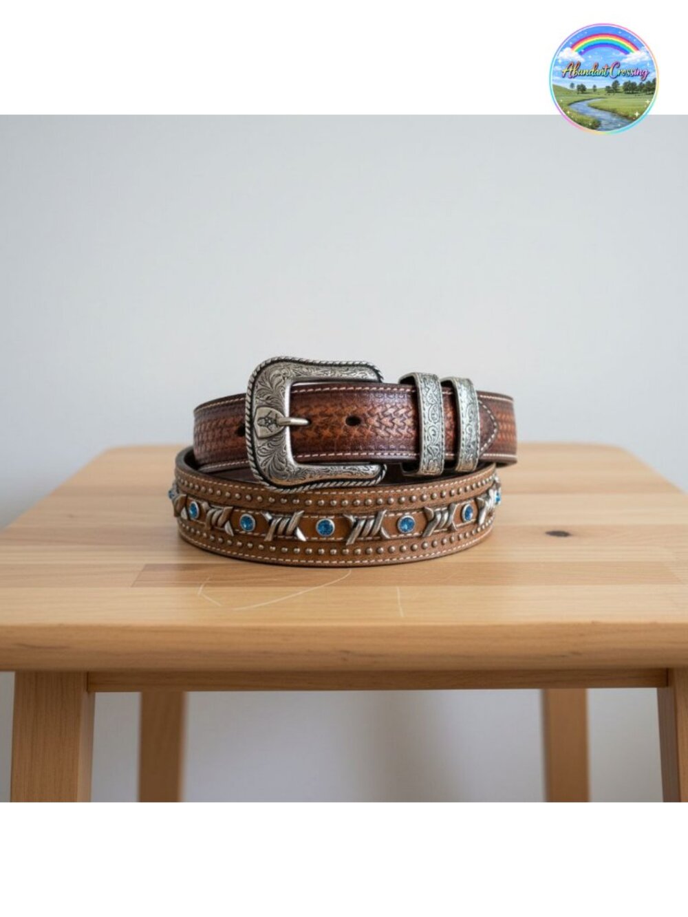 Genuine Leather Western Belt Embossed Barbed Wire Blue Crystals Snap Buckle